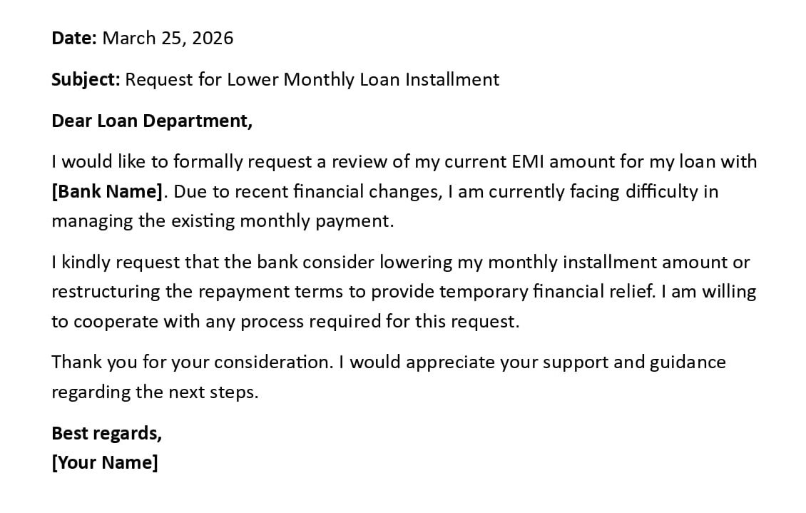 Request for Lower Monthly Loan Installment