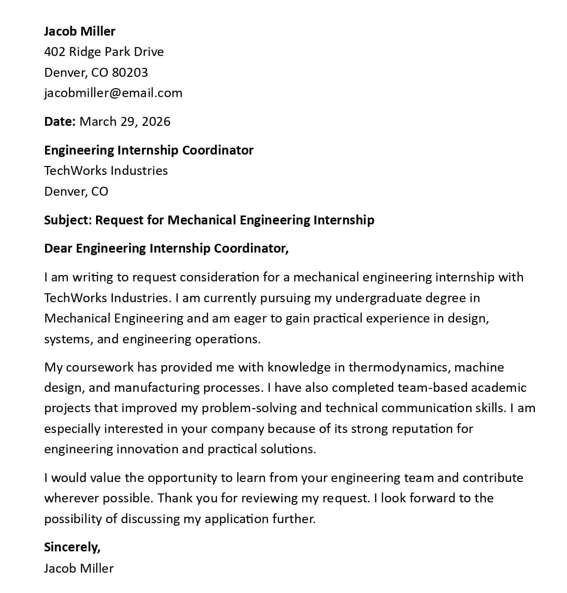Request for Mechanical Engineering Internship