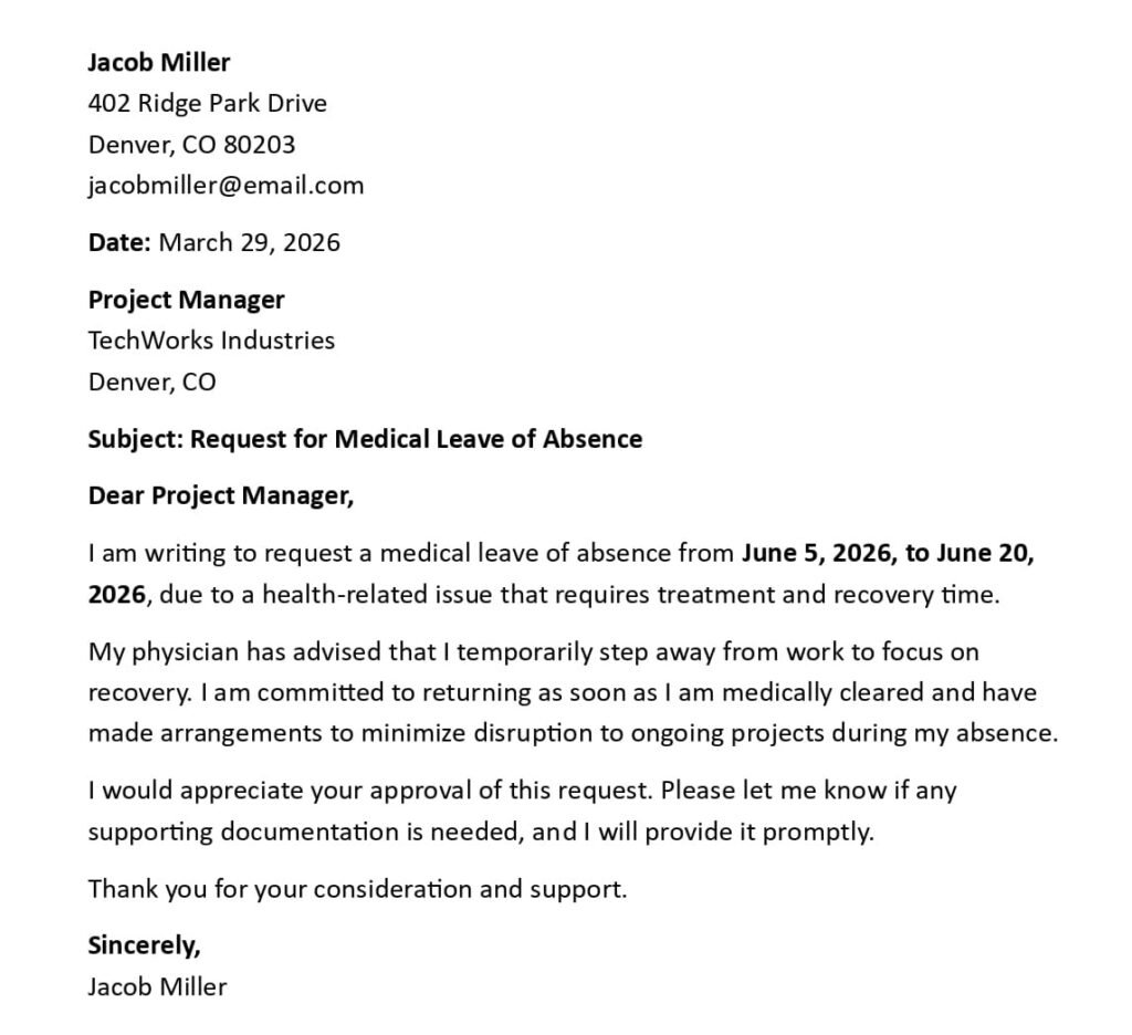 Medical Leave Letter (USA Professional Format + 5 Examples)