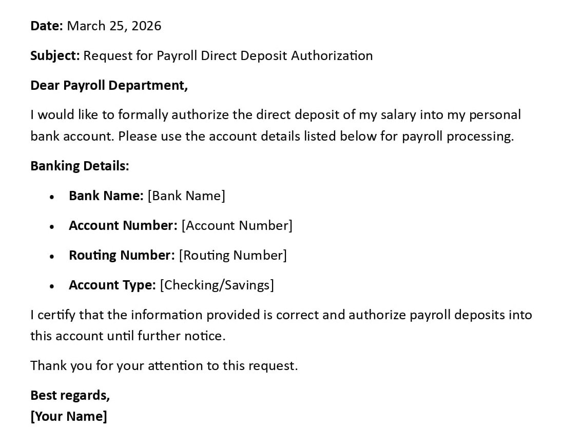 Request for Payroll Direct Deposit Authorization