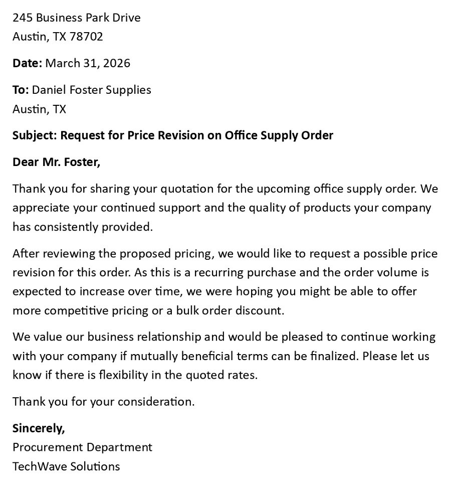 Request for Price Revision on Office Supply Order