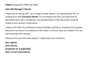 Relieving Letter Request Format (USA Professional + 5 Examples)