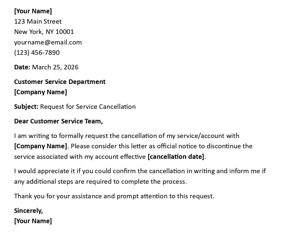 Request for Service Cancellation