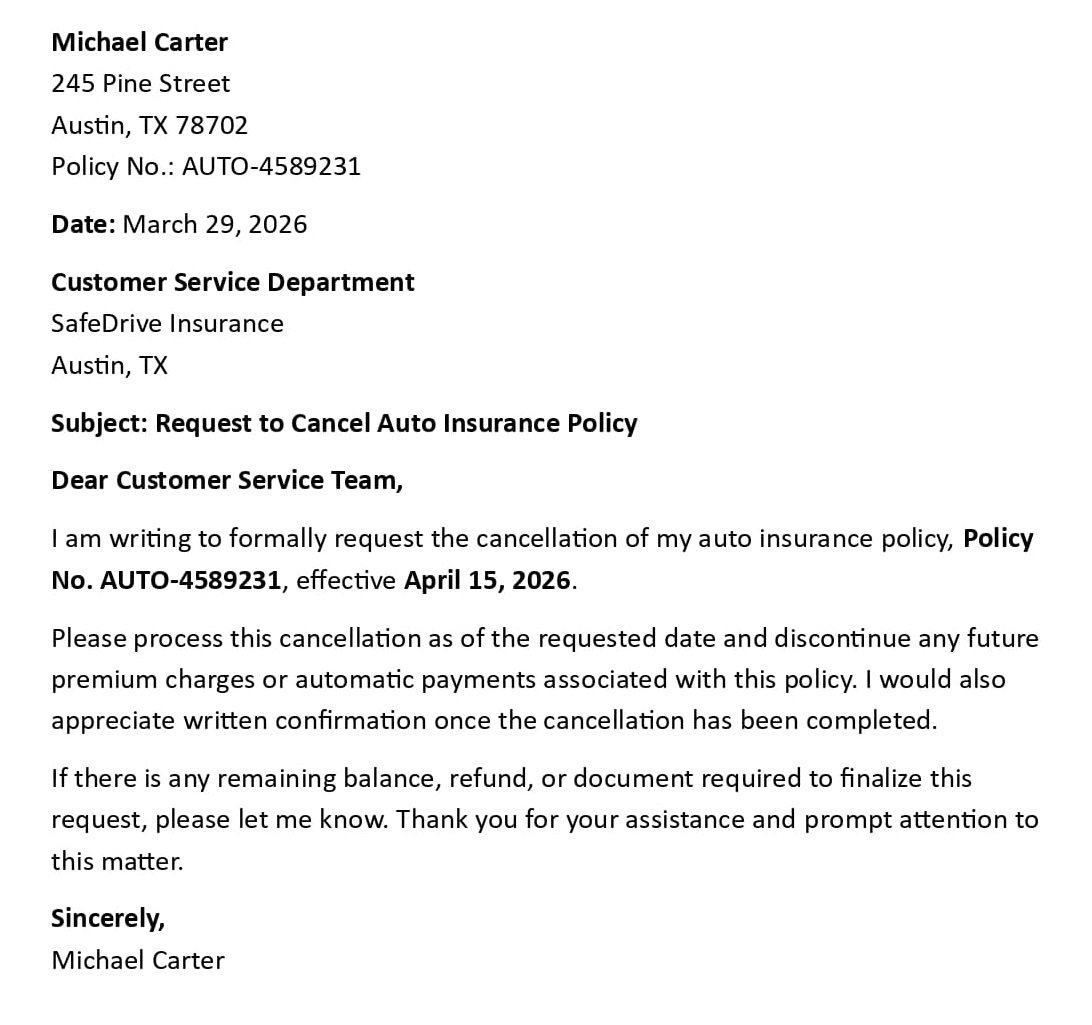 Request to Cancel Auto Insurance Policy