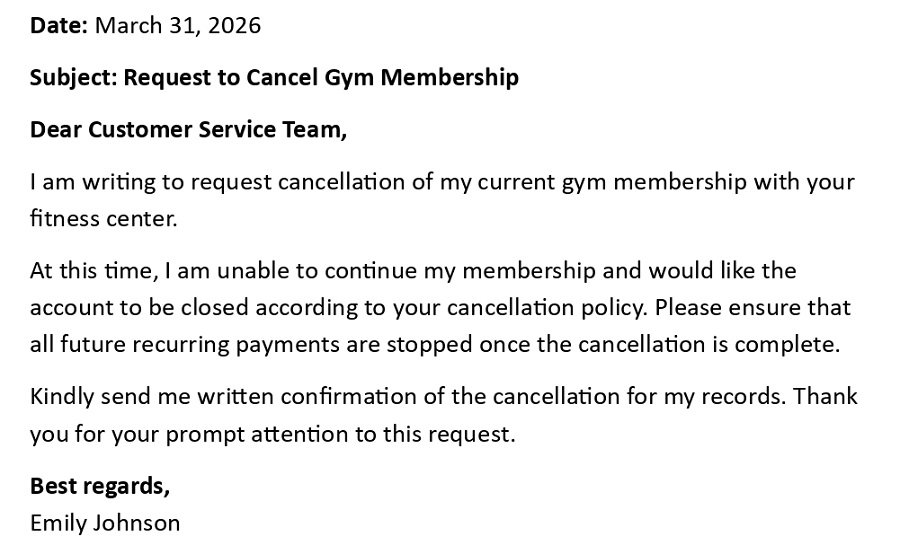 Request to Cancel Gym Membership