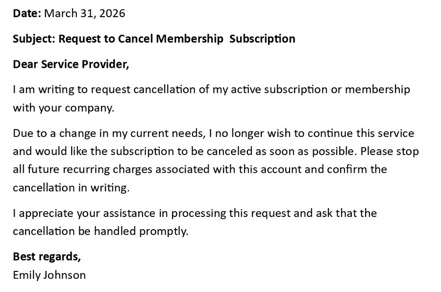 Request to Cancel Membership Subscription