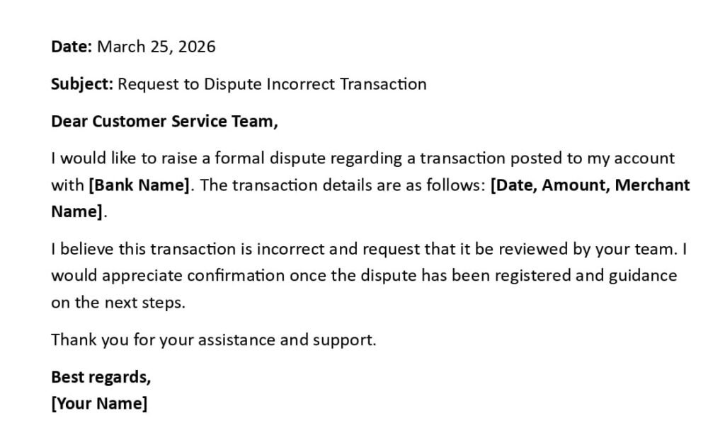 Dispute Transaction Letter to Bank (USA Format + 5 Examples)