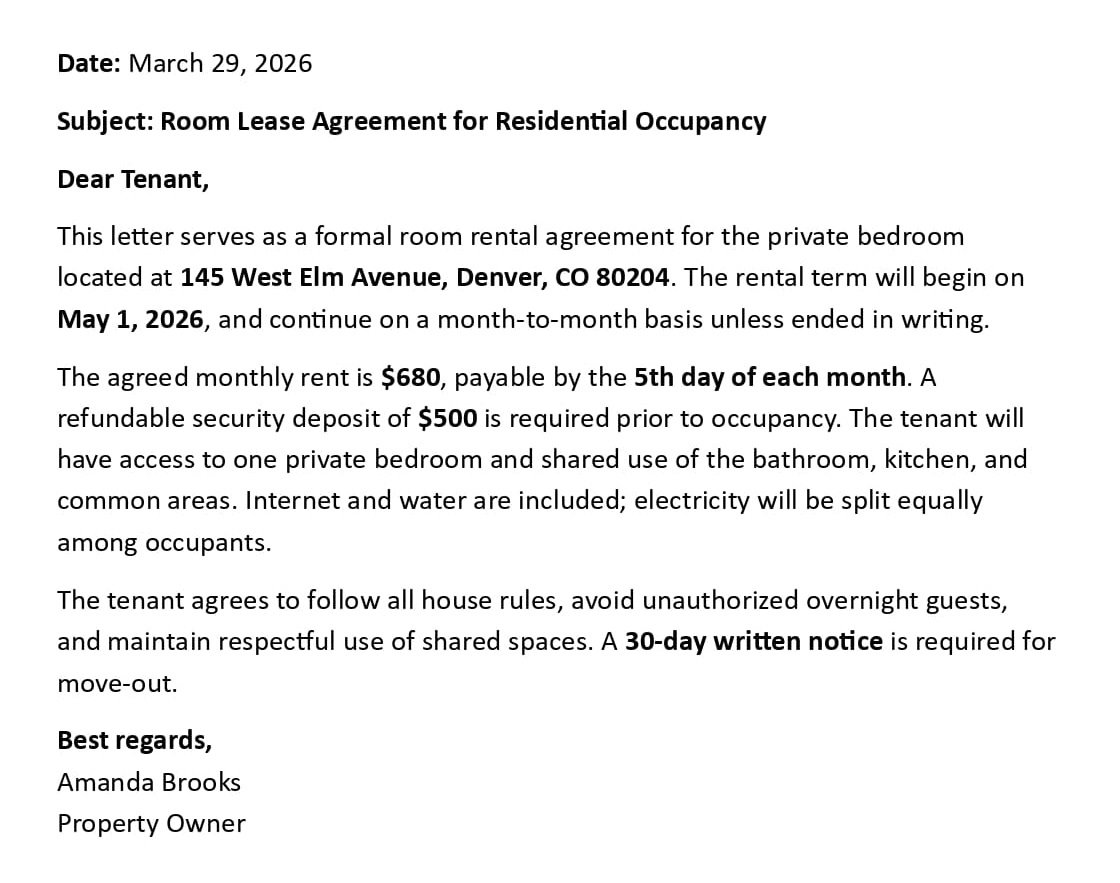 Room Lease Agreement for Residential Occupancy