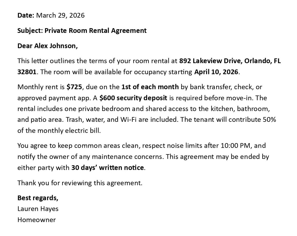 Room Rental Agreement Confirmation