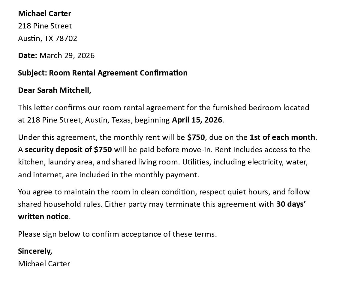 Room Rental Agreement Confirmation