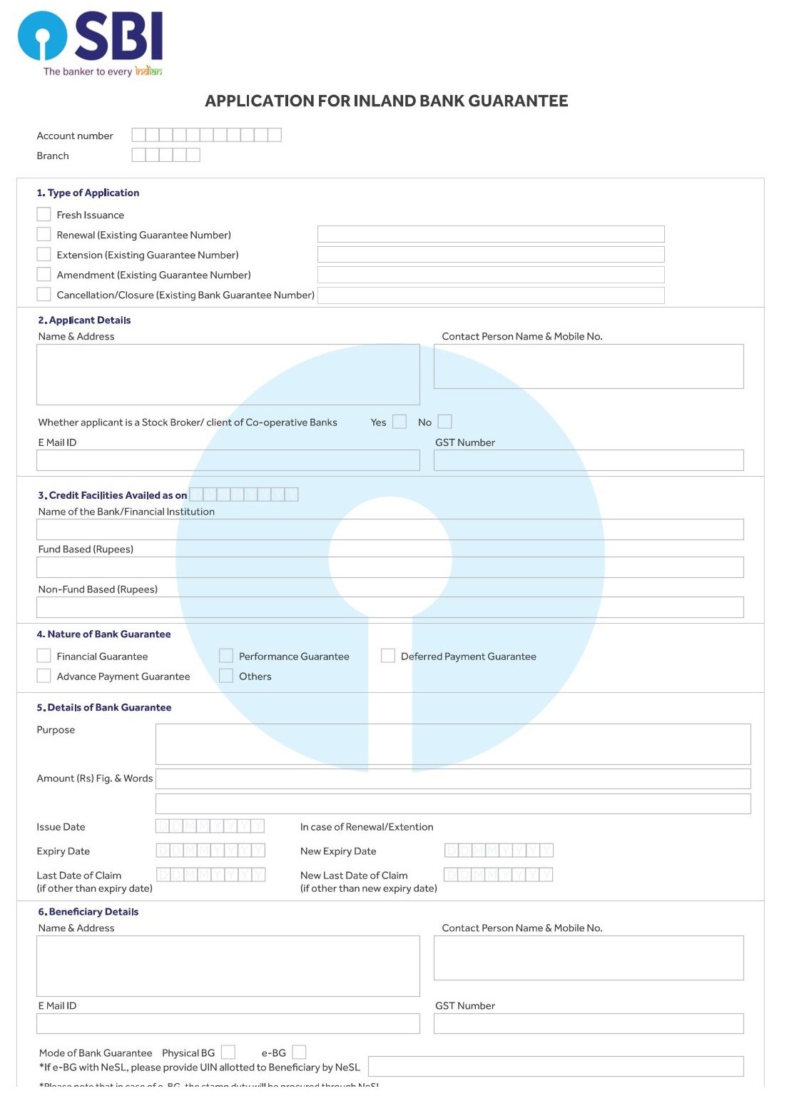 SBI BANK Application for Inland Bank Guarantee Form-PDF Download