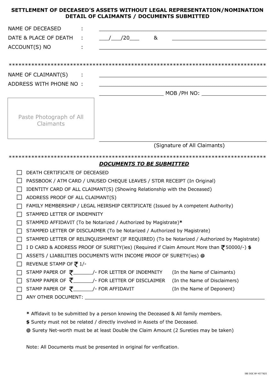 SBI BANK Claim Forms - PDF Download