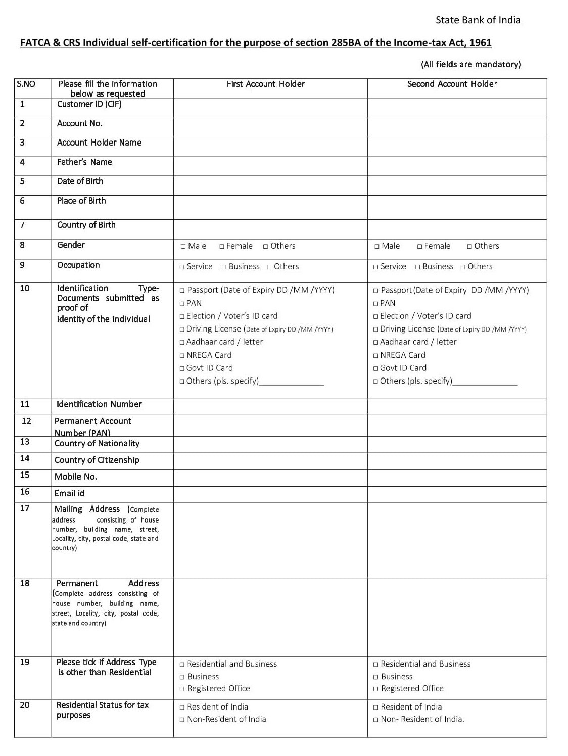SBI BANK FATCACRS DECLARATION Form-PDF Download