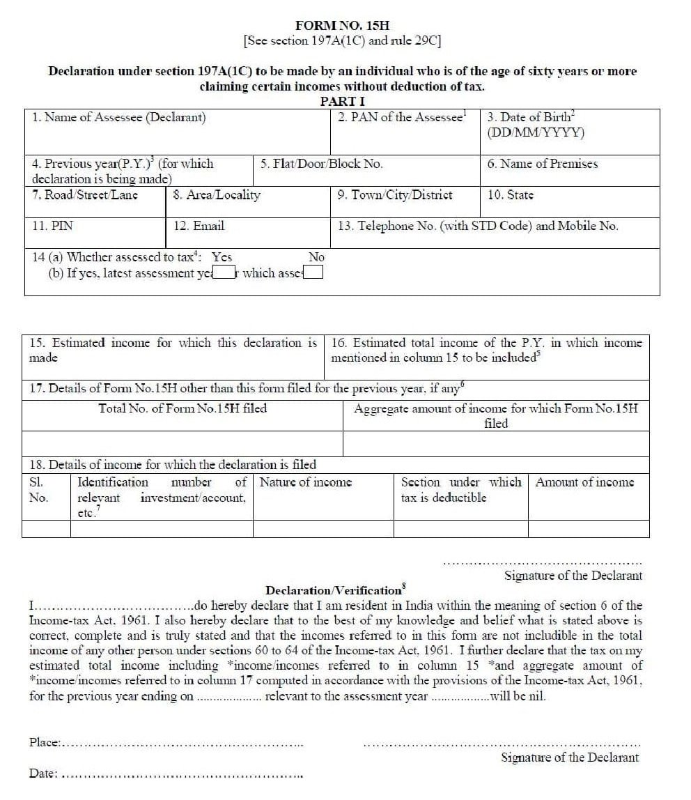 SBI BANK Form 15H-TDS - PDF Download