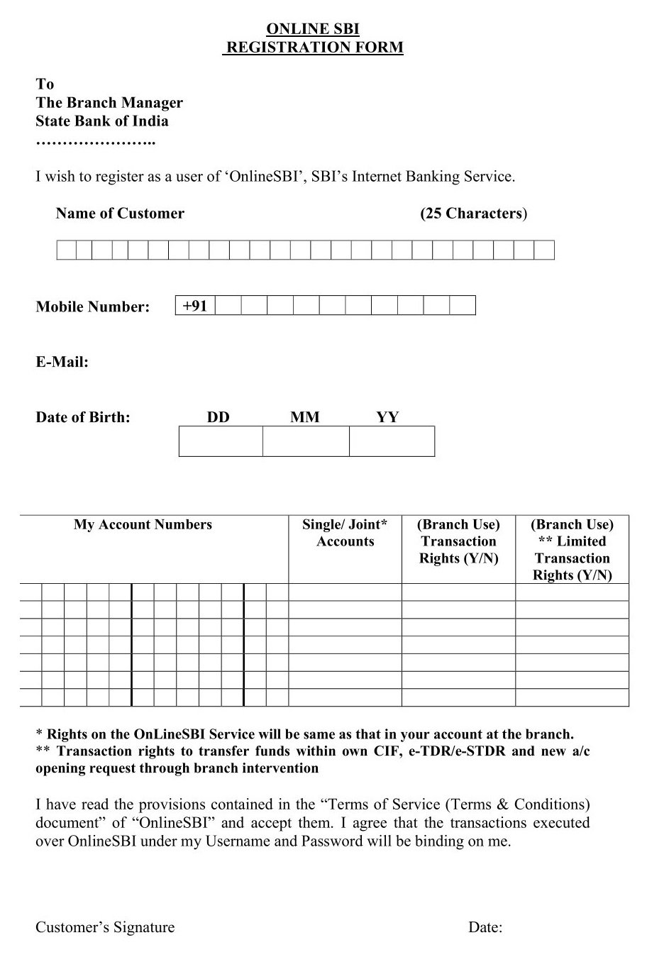 SBI BANK Internet Banking Form-DOC Download