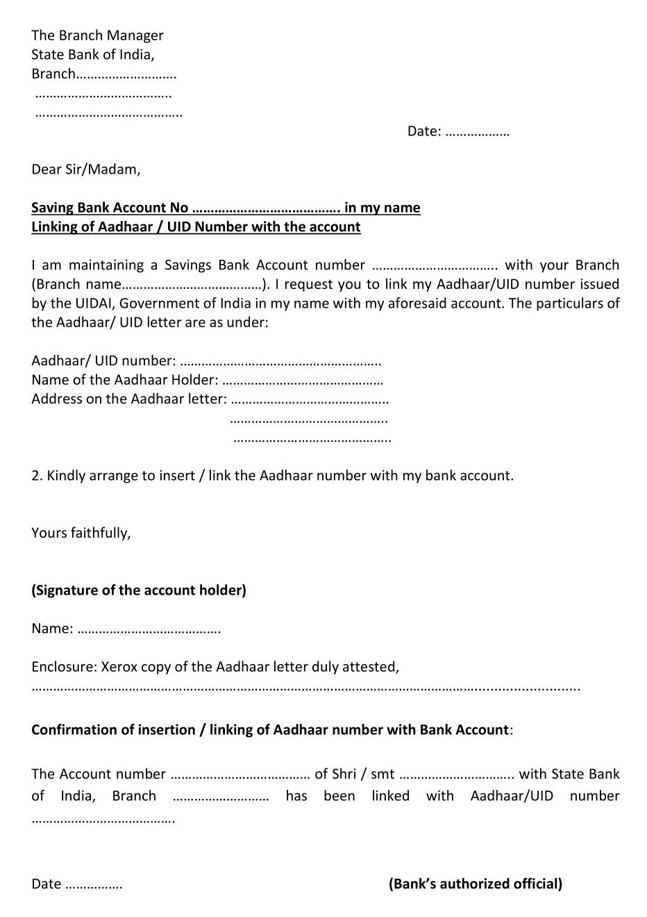 SBI BANK Linking of Aadhaar UID Number Form-doc Download