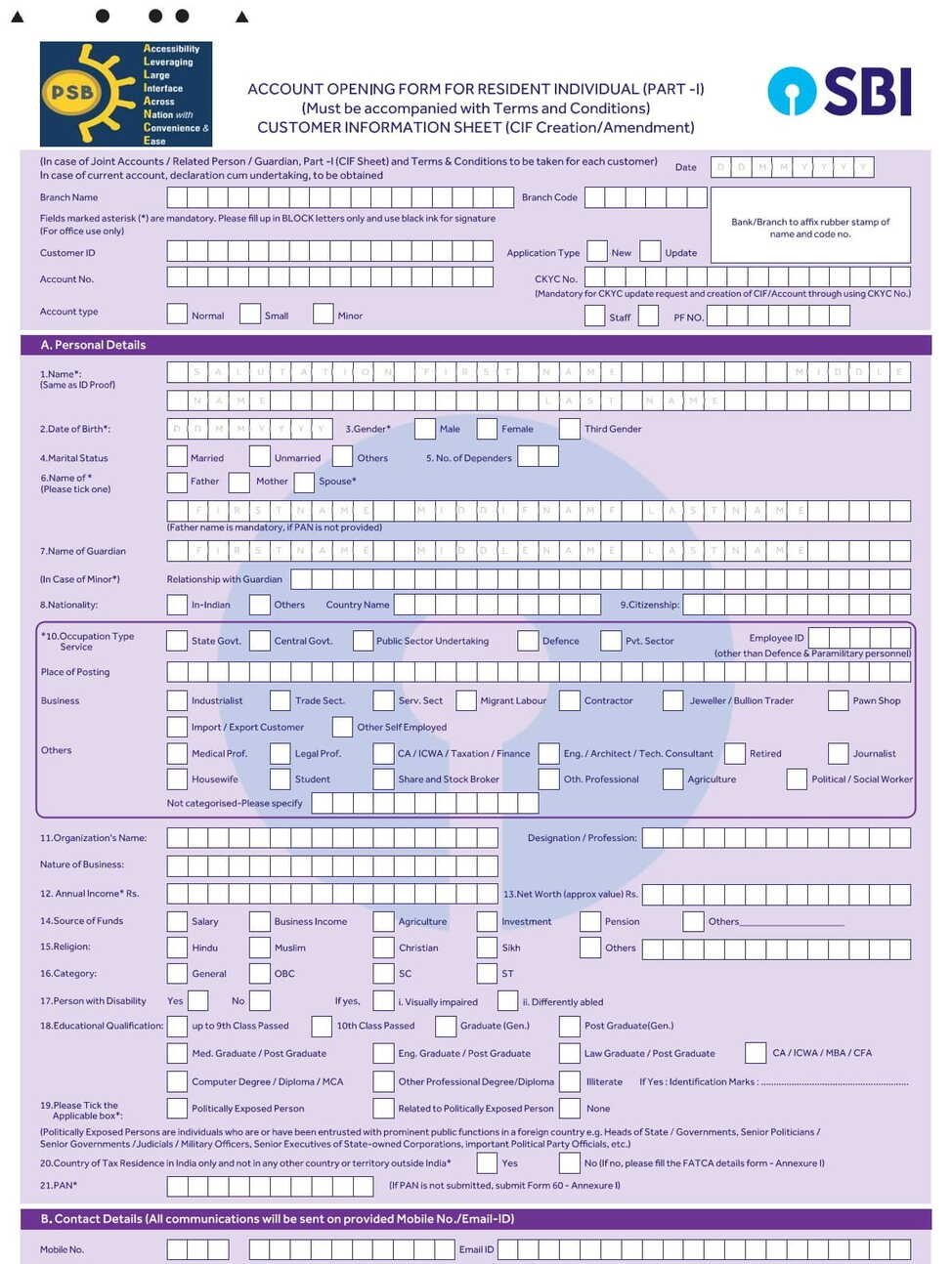 SBI BANK New account opening form-PDF Download