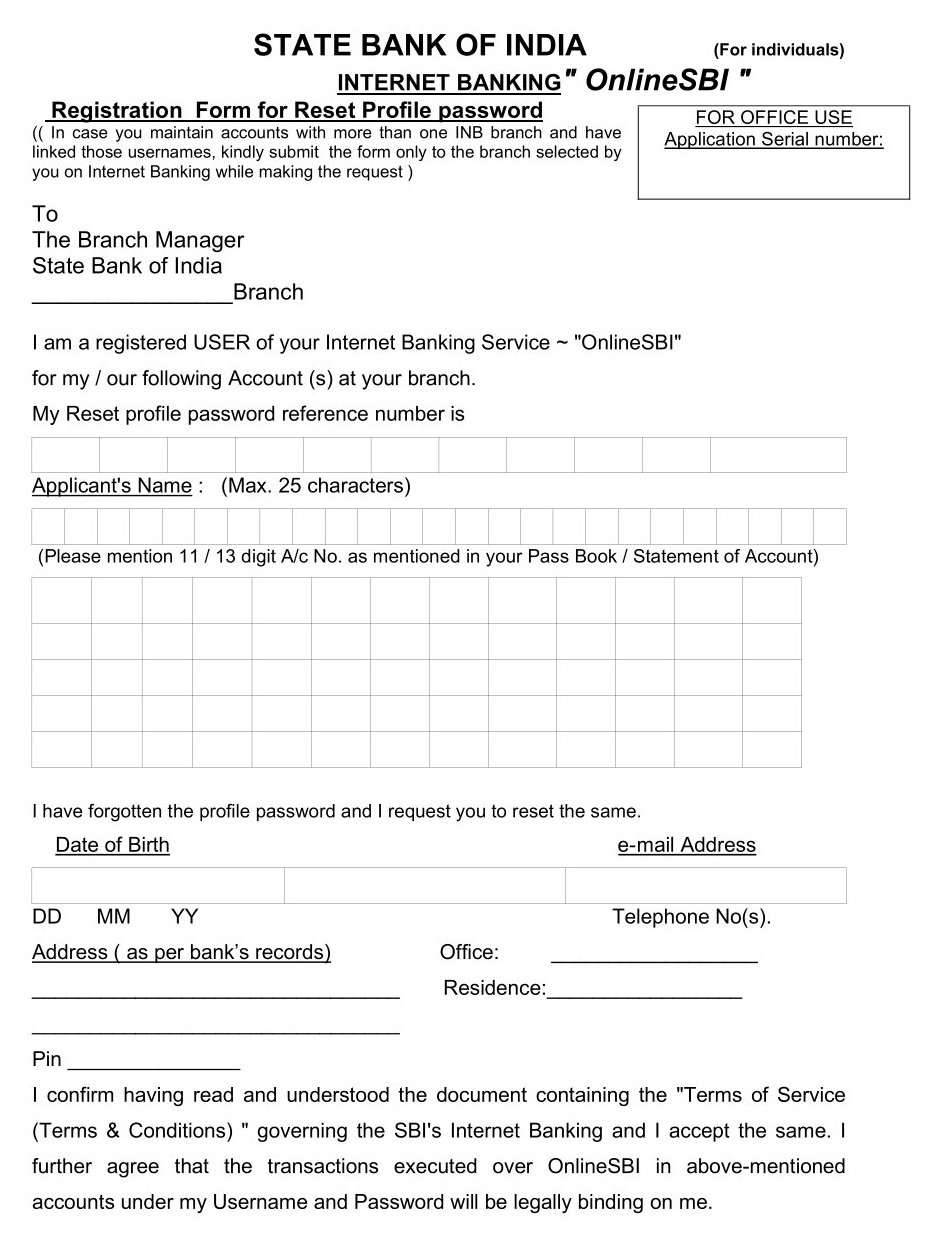 SBI BANK Reset Profile Password Form-Doc Download