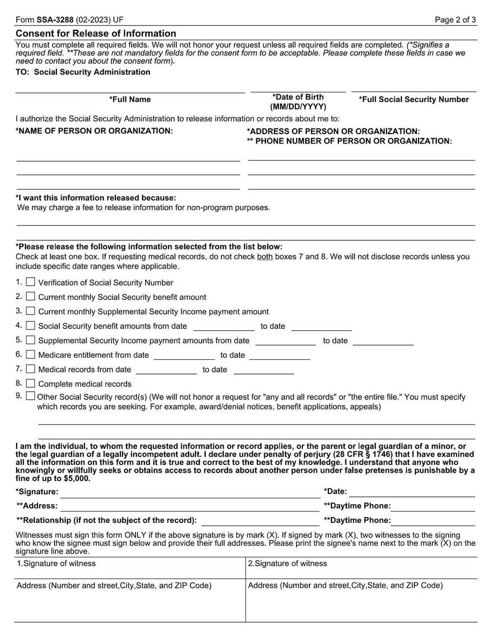 SSA Form-3288 PDF Download – Information Release Authorization
