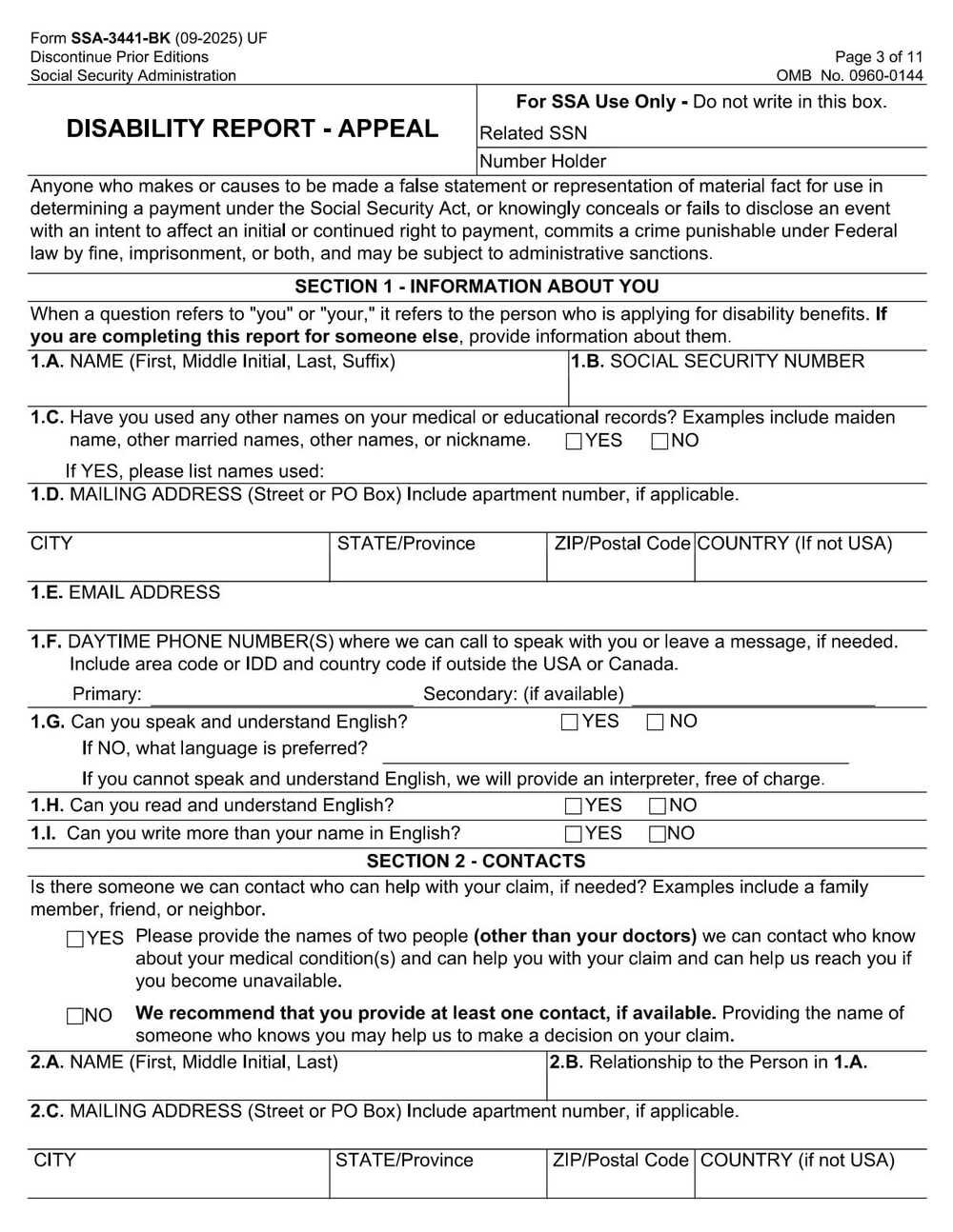 SSA Form-3441 PDF Download – Disability Appeal Form