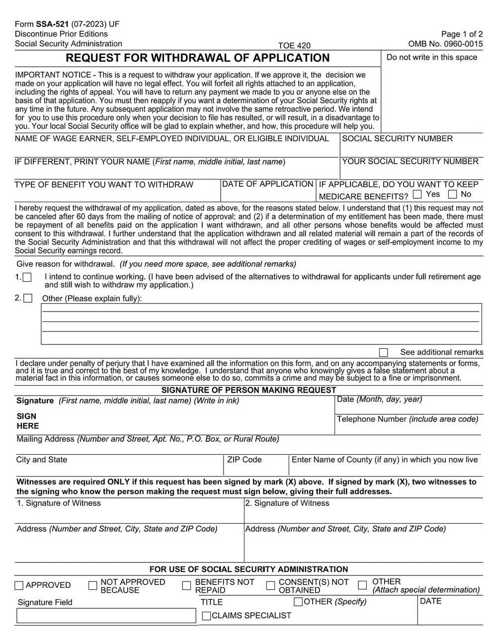 SSA Form-521 PDF Download – Withdrawal of Social Security Application