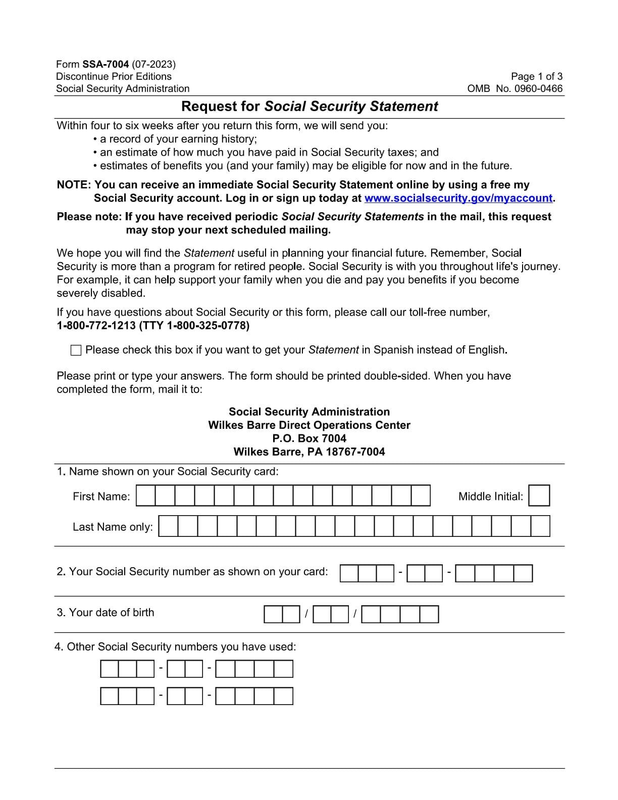 SSA Form-7004 PDF Download – Social Security Statement Request