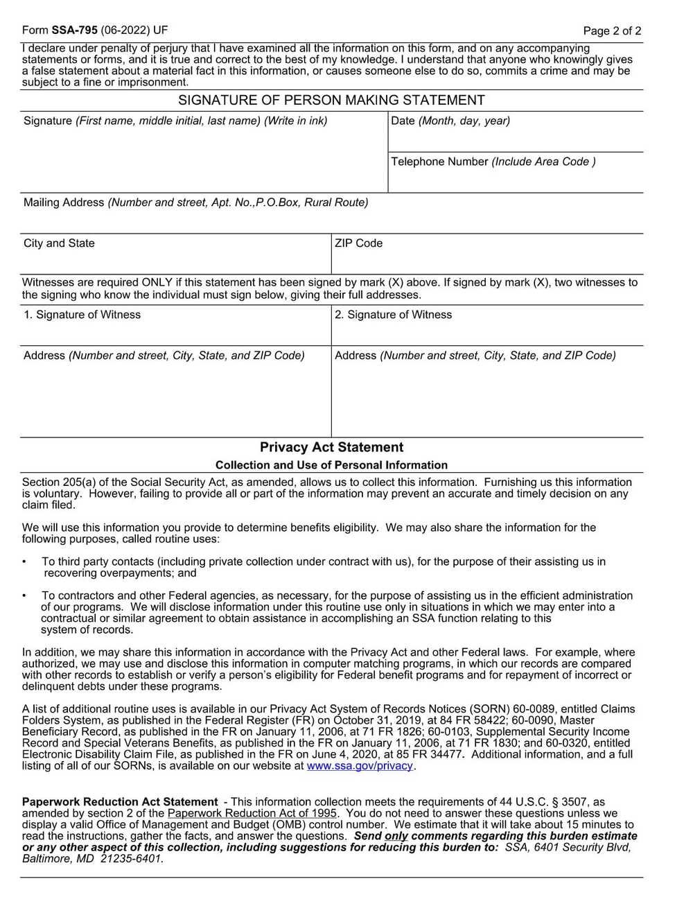 SSA Form-795 PDF Download – Statement of Claimant Form
