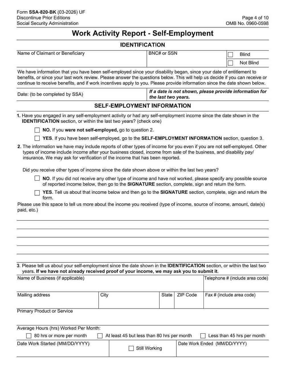 SSA Form-820 PDF Download – Self-Employment Work Activity Report