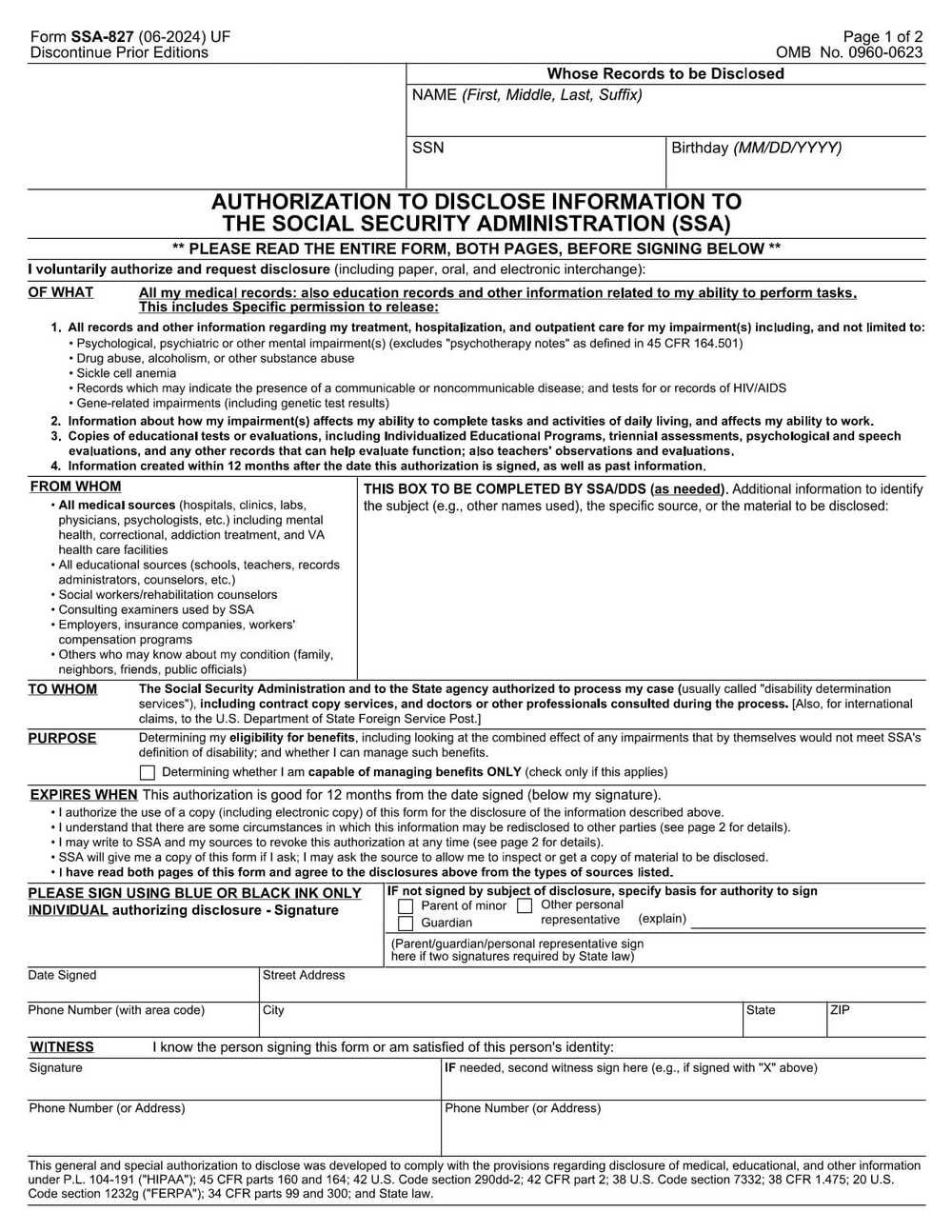 SSA Form-827 PDF Download – Medical Records Authorization