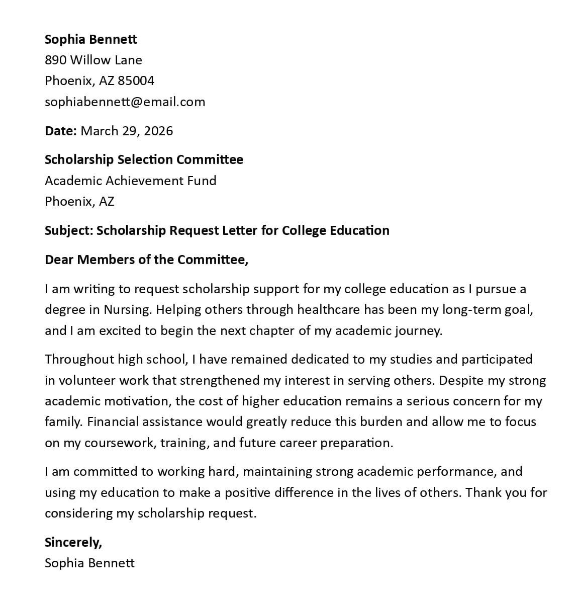 Scholarship Request Letter for College Education