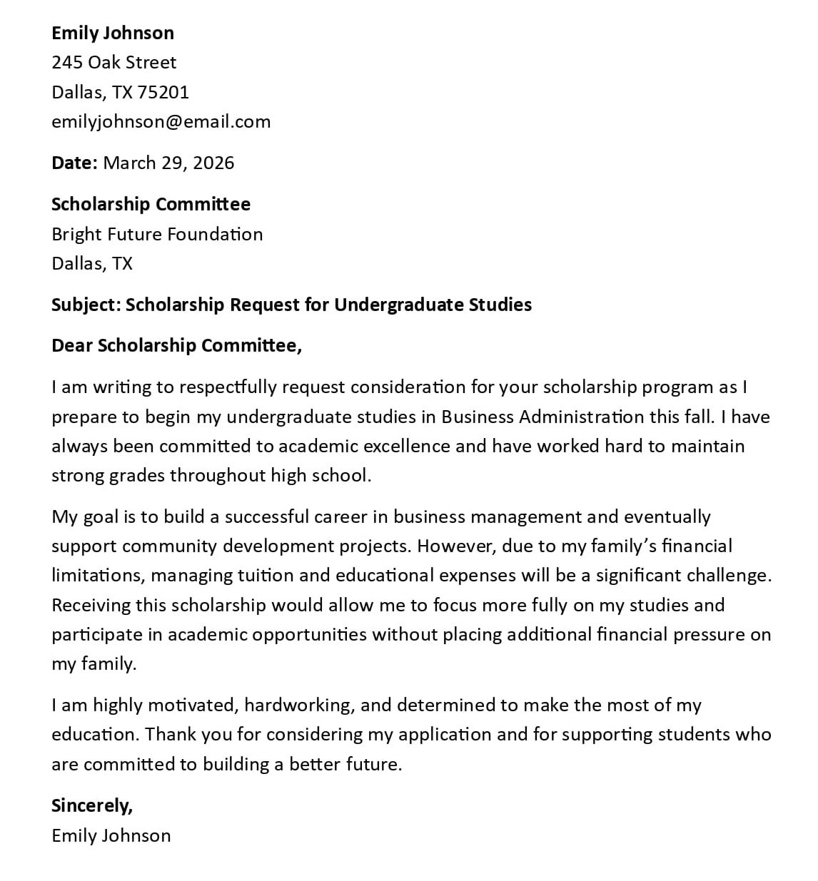 Scholarship Request for Undergraduate Studies