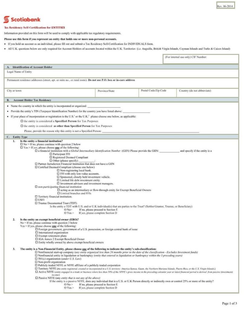 Scotia Bank Form - Self-Certification for Entities PDF Download