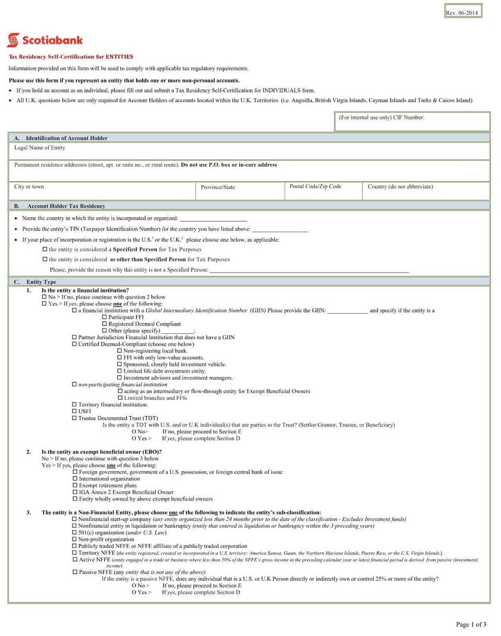 Scotia Bank Form - Self-Certification for Entities PDF Download