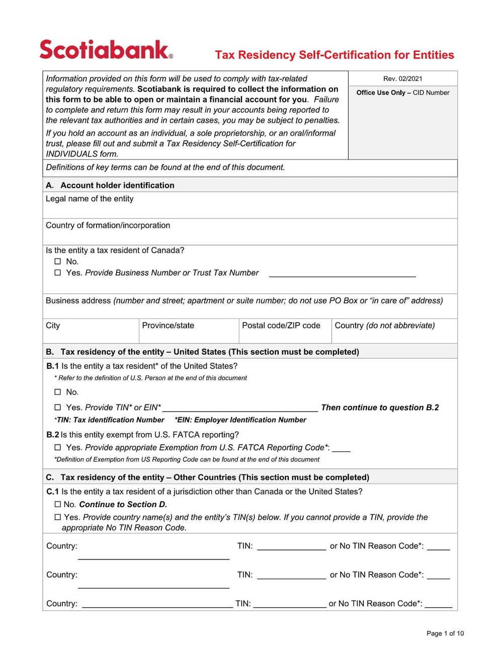 Scotia Bank Form - Tax Residency Self-Certification for Entities PDF Download