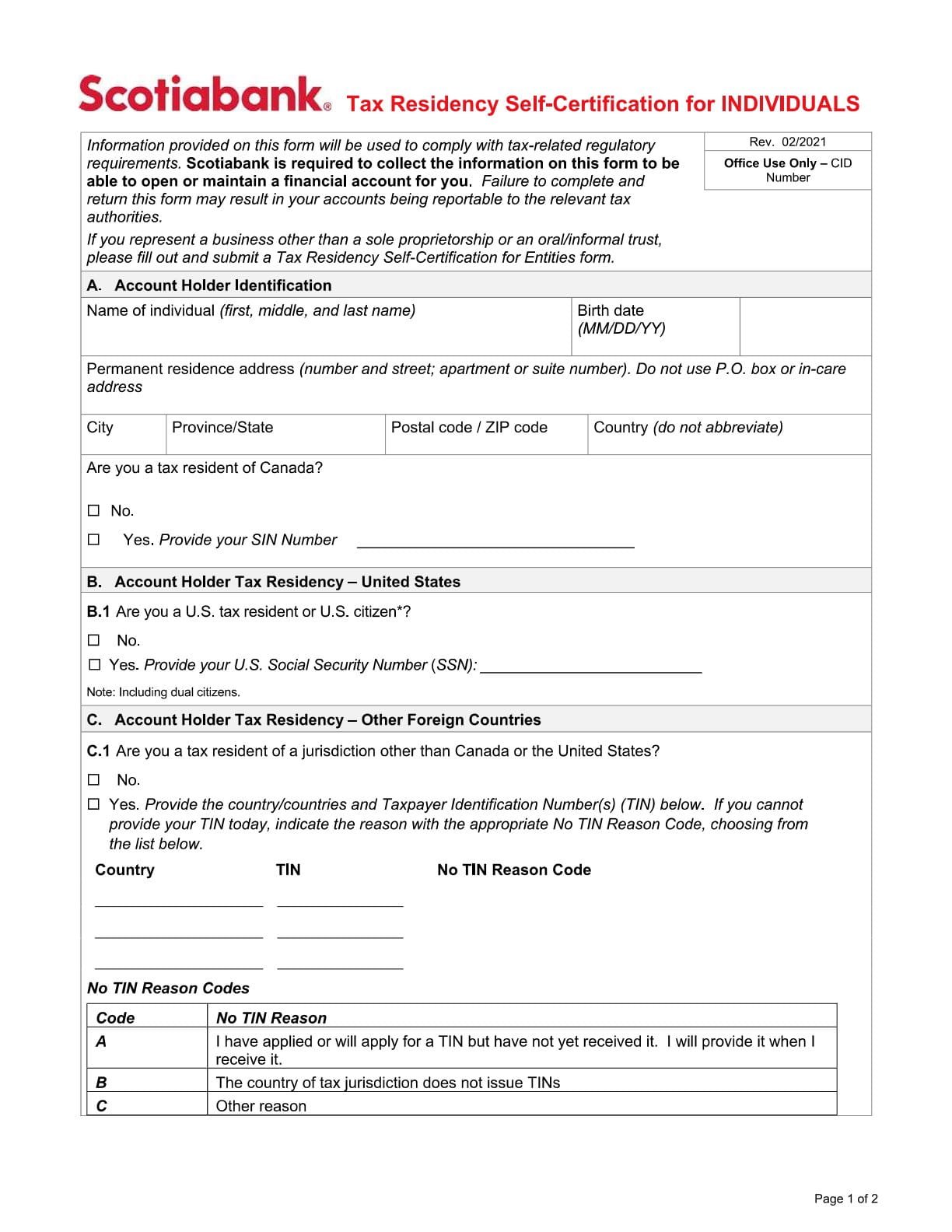 Scotia Bank Form - Tax Residency Self-Certification for Individuals PDF Download