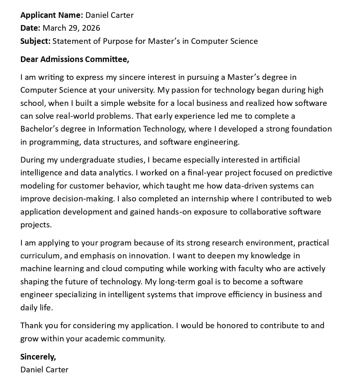 Statement of Purpose for Master’s in Computer Science