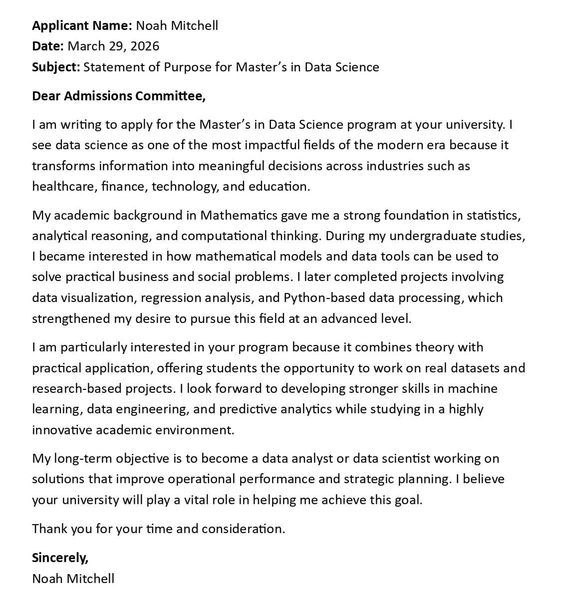 Statement of Purpose for Master’s in Data Science