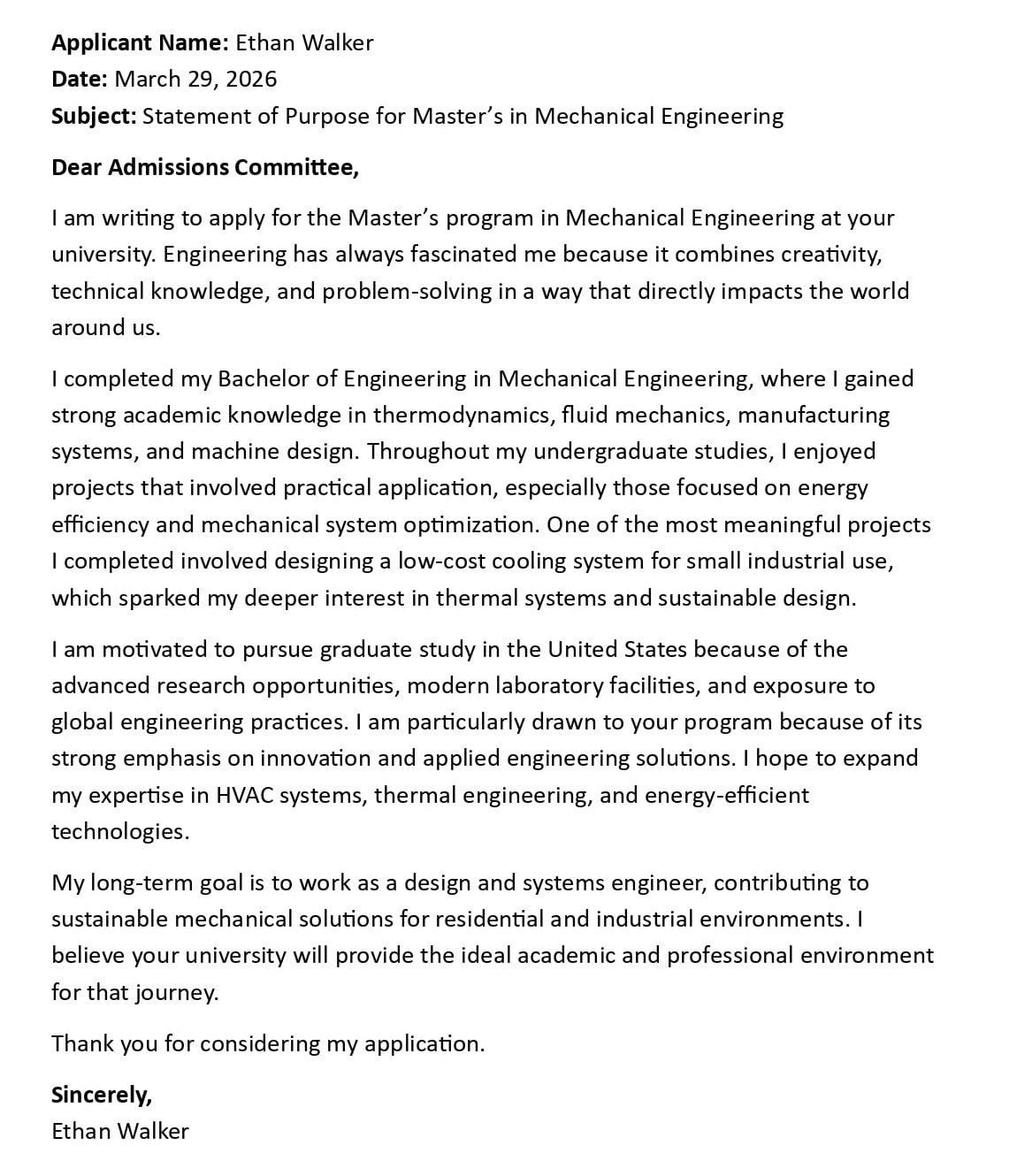 Statement of Purpose for Master’s in Mechanical Engineering