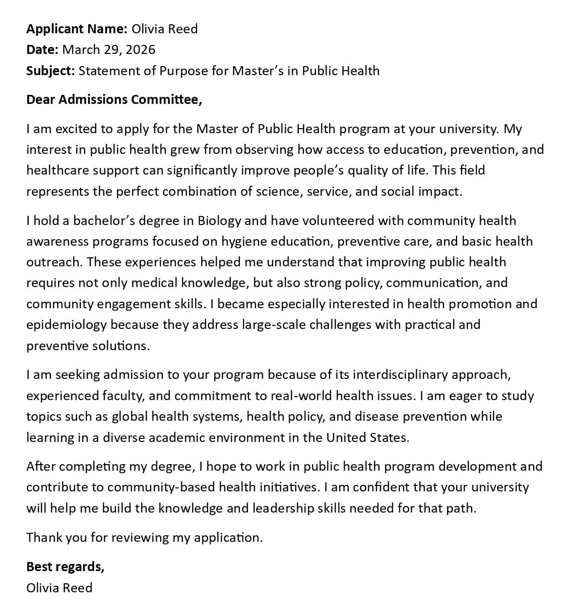 Statement of Purpose for Master’s in Public Health