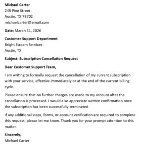Subscription Cancellation Letter (USA Format + 5 Examples)