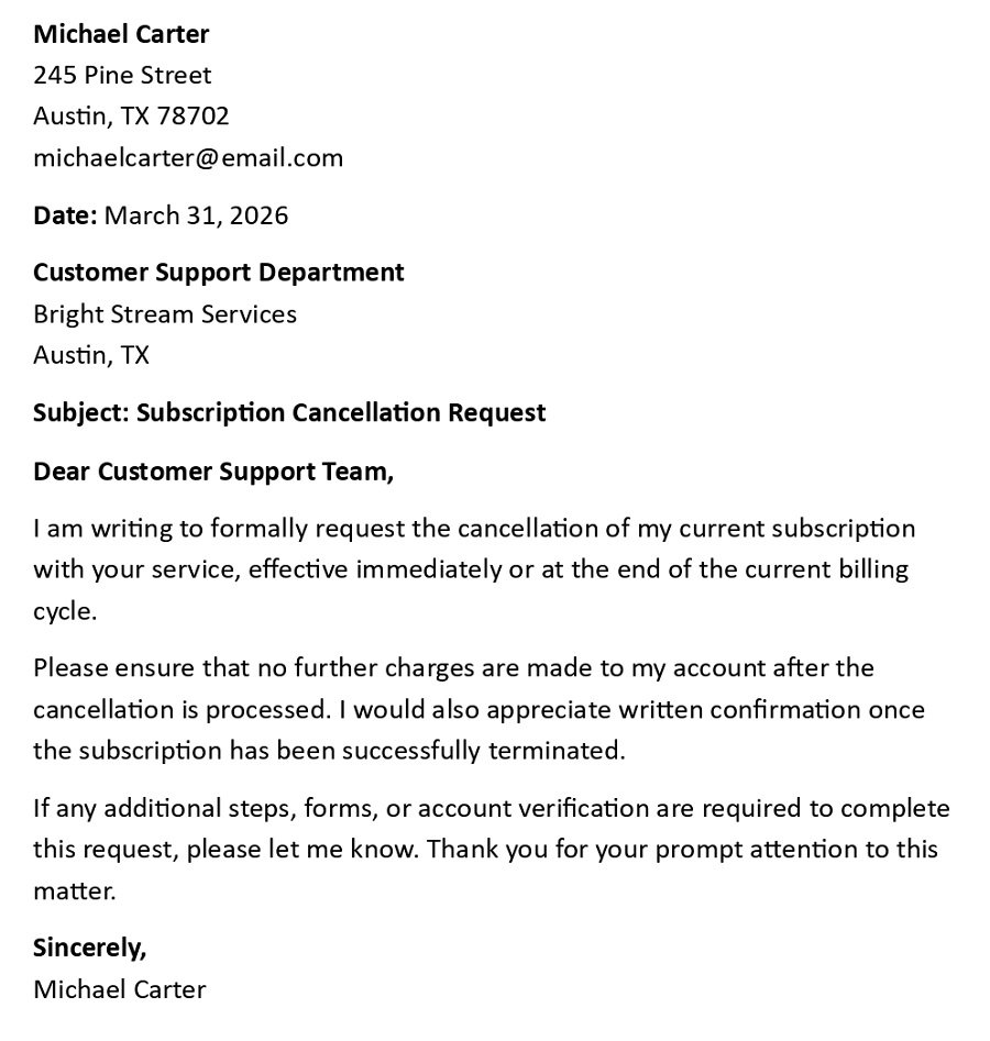 Subscription Cancellation Request
