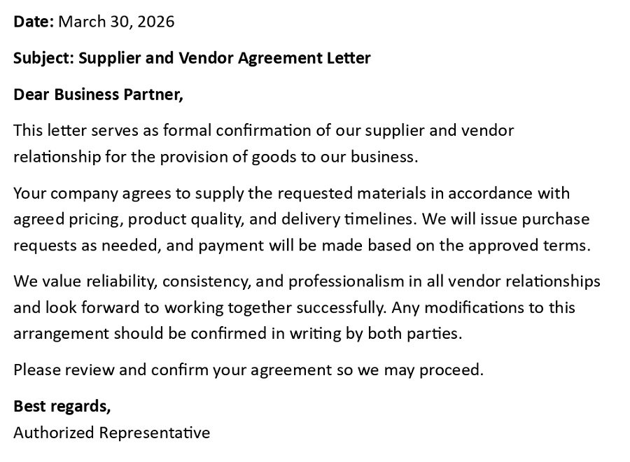 Supplier and Vendor Agreement Letter