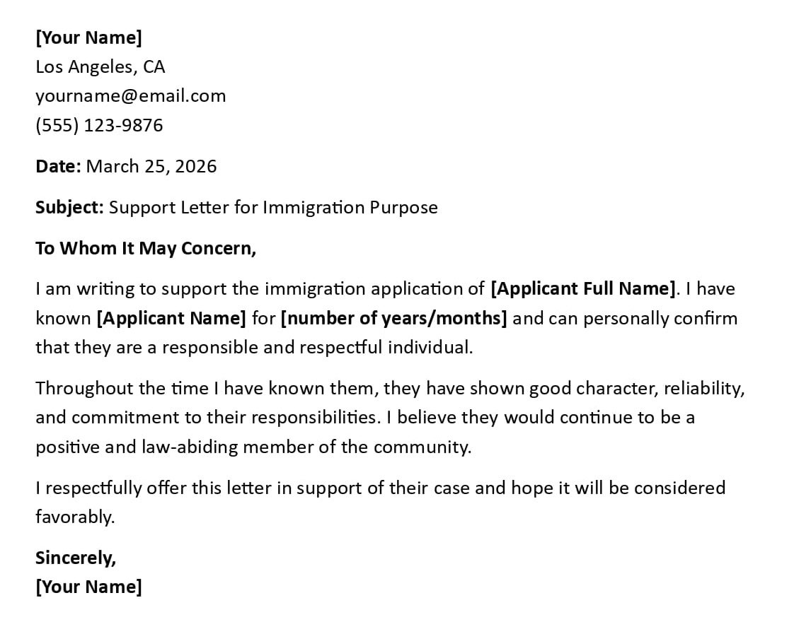 Support Letter for Immigration Purpose