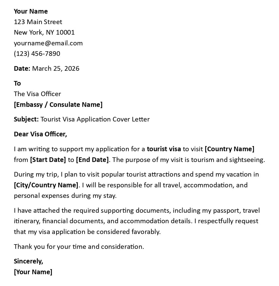 Tourist Visa Application Cover Letter