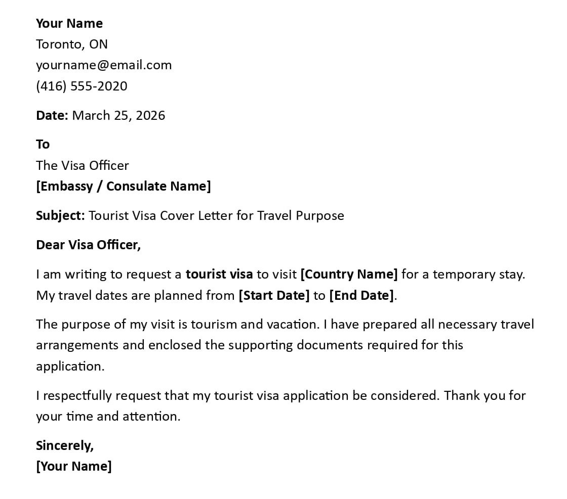Tourist Visa Cover Letter for Travel Purpose