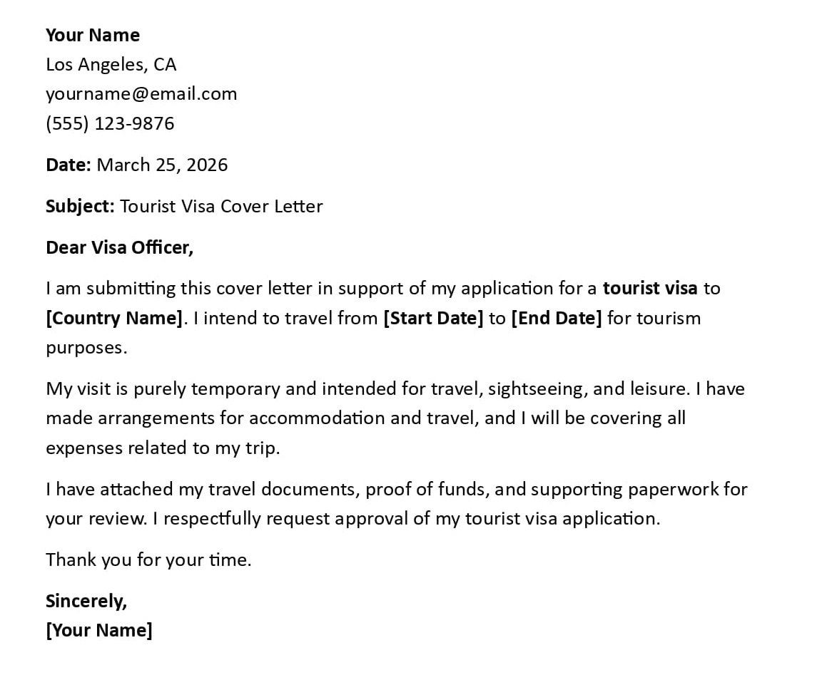 Tourist Visa Cover Letter
