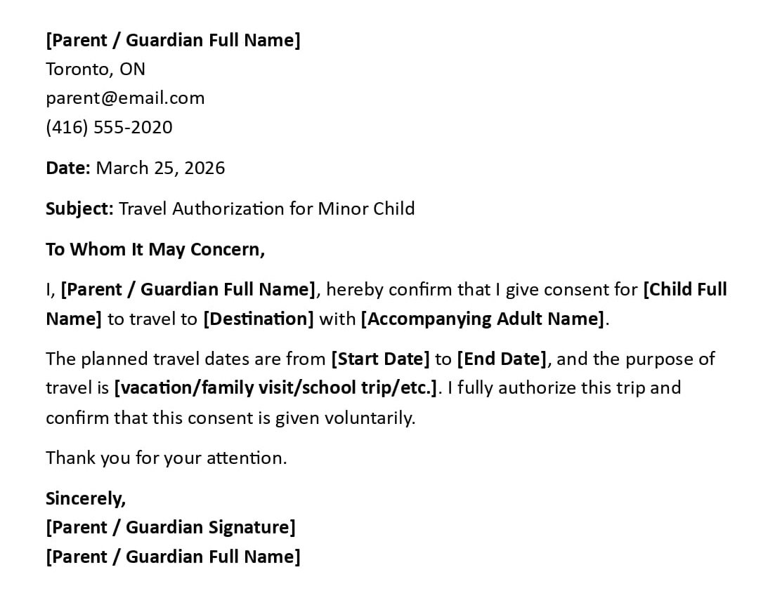 Travel Authorization for Minor Child