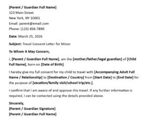 Travel Consent Letter for Minor (USA Legal Format + 5 Samples)