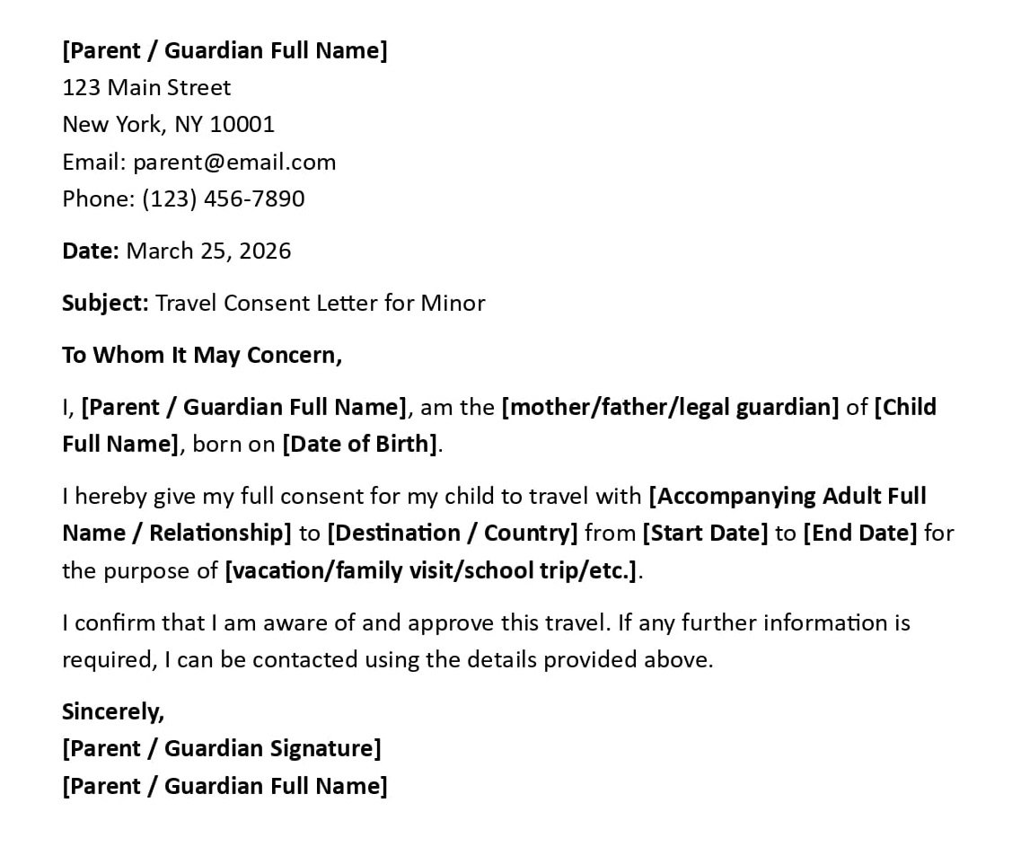 Travel Consent Letter for Minor