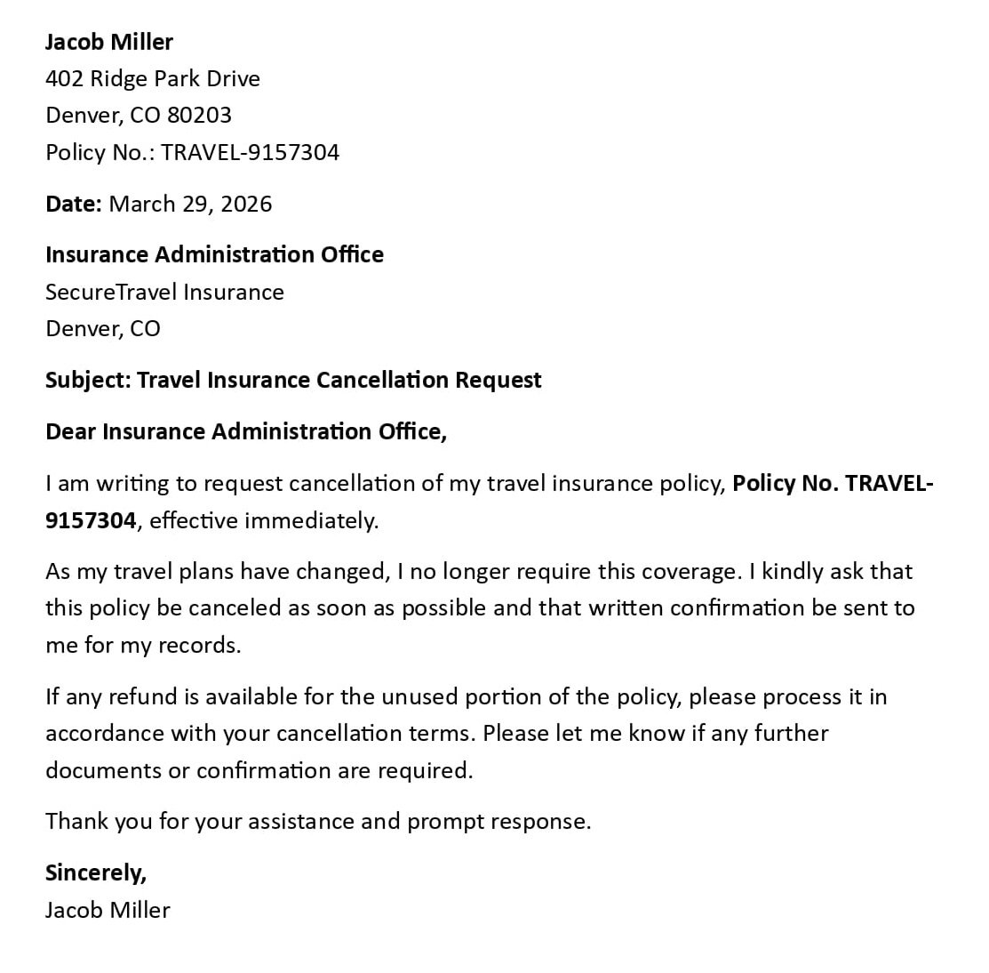 Travel Insurance Cancellation Request
